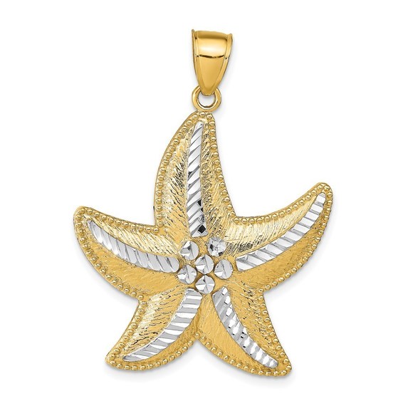 14k Yellow Gold and Rhodium Diamond-Cut Textured Starfish Necklace Charm Pendant